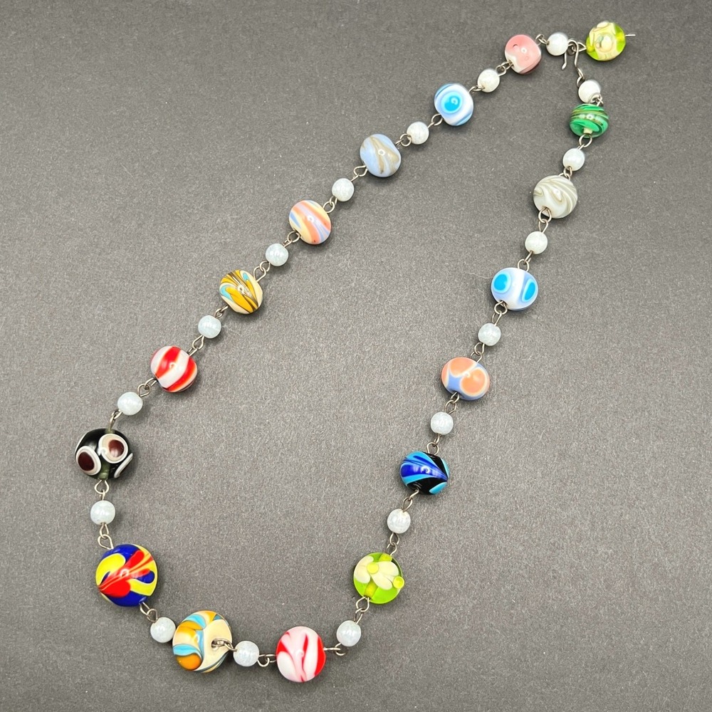Vintage Beaded Necklace Lampwork Art Glass Multicolor Marbled 20" - Picture 8 of 10
